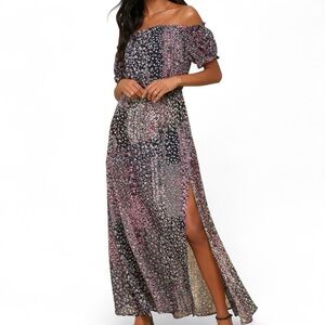 Lulus Neva Navy‎ Blue Floral Print Off-the-Shoulder Maxi Dress